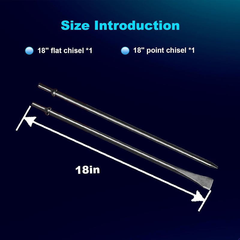 Phyxlyn Pneumatic Cold Chisel Set, 3/4" Width 18" Long Air Pneumatic Hammer, Flat and Point Chisels with Round Collar for Concrete and Tile, Air Hammer Punch Chipping Bits Tool, Cr-Mo Alloy Steel - Image 3